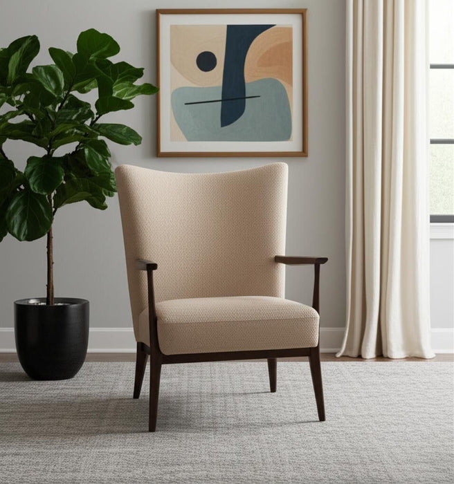 Boucle Solid Wood Wingback Chair - Beige / Dark Brown