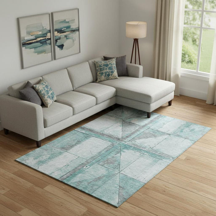 10' X 14' Geometric Washable Area Rug With UV Protection (706529) - Teal / Gray