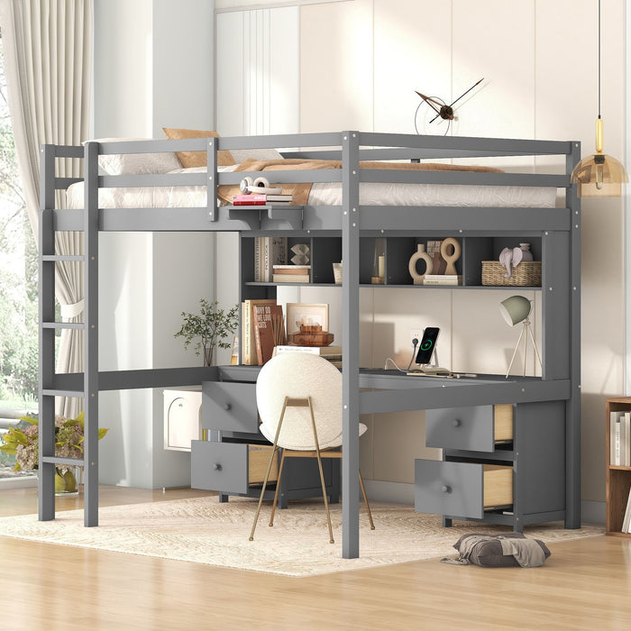 Giga loft bed with desk, cabinets, drawers, charging station, and bedside tray, featuring a modern wooden design and integrated workspace.