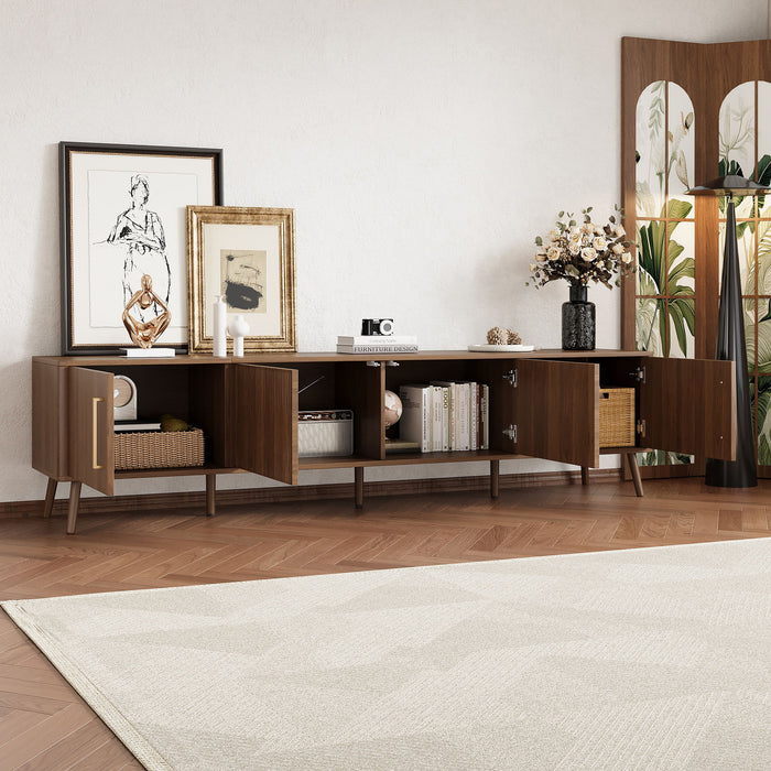 Giga walnut TV stand for up to 85-inch TVs with fluted door, cable management, and soft-closing hinges, showcasing modern design.