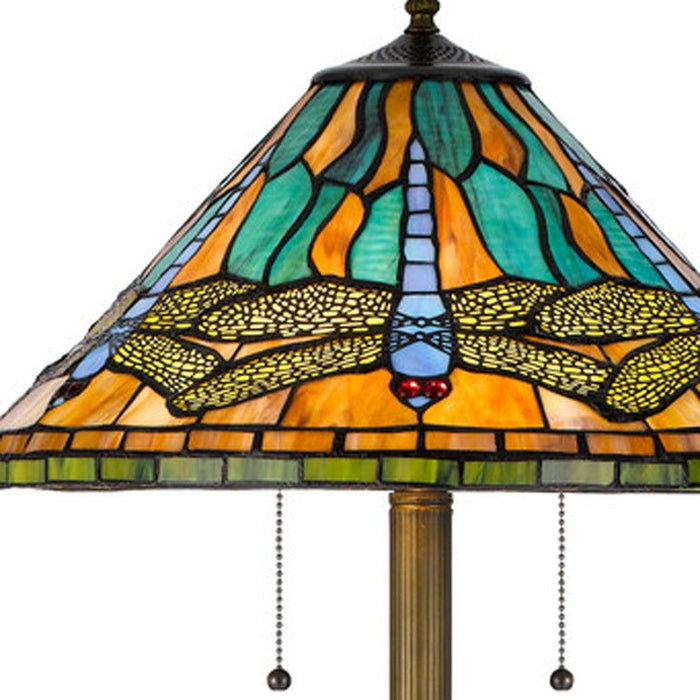 Two Light Traditional Shaped Floor Lamp With Blue And Orange Dragonfly Tiffany Glass Empire Shade - Brass