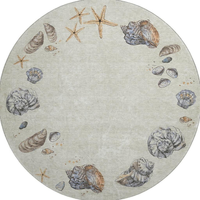8' Geometric Washable Round Rug With UV Protection (646052) - Linen / Ivory / Beige
