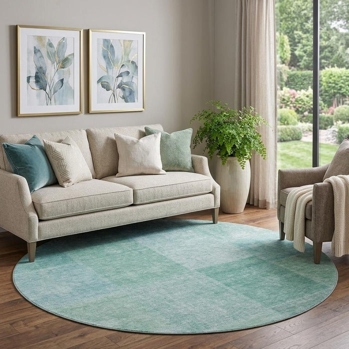 8' Patchwork Washable Round Rug With UV Protection (655237) - Teal / Ivory