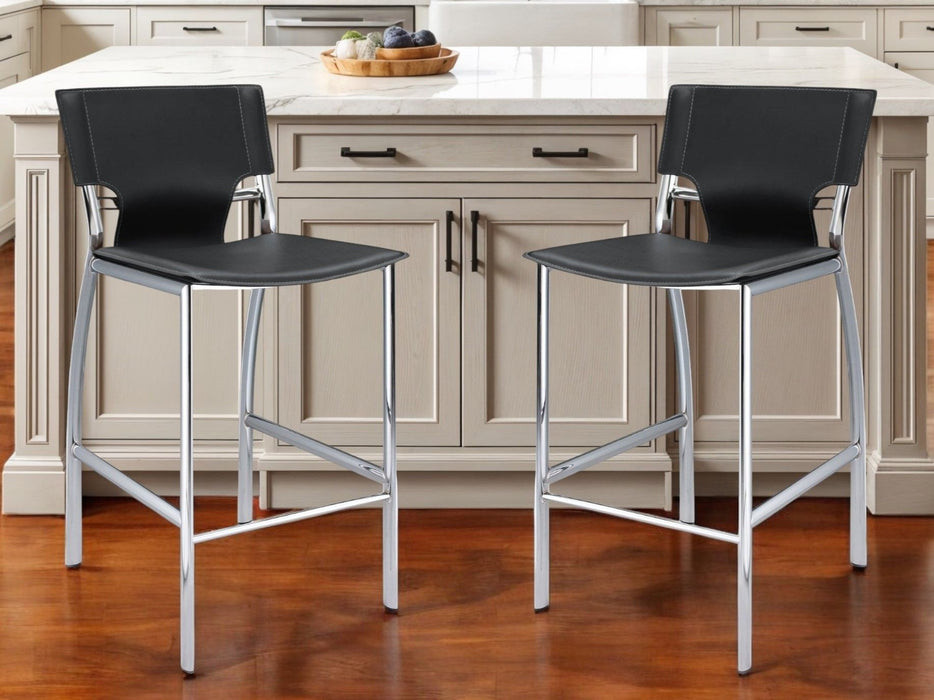 25" Faux Leather And Metal Low Back Counter Height Bar Chairs (Set of 2) - Gray / Silver