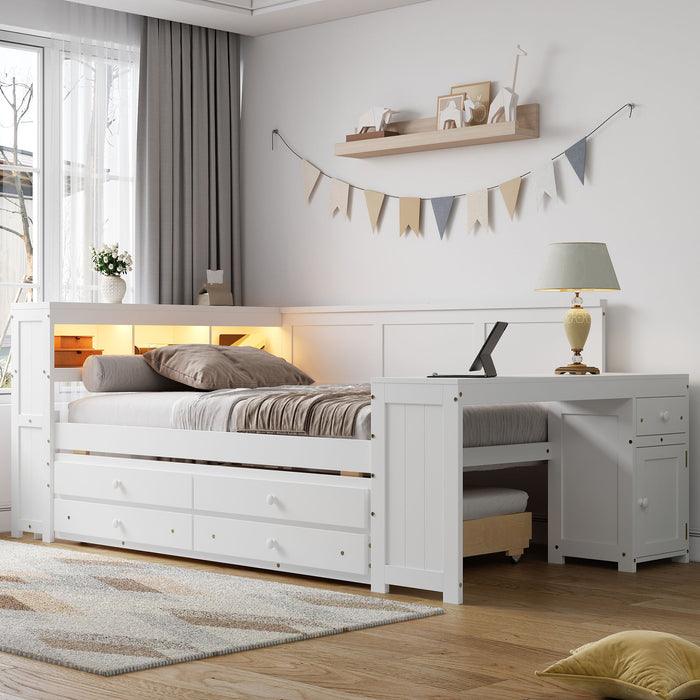 Giga daybed with storage shelves, drawers, trundle, charging station, LED light, desk, and cabinet in a modern bedroom setting.