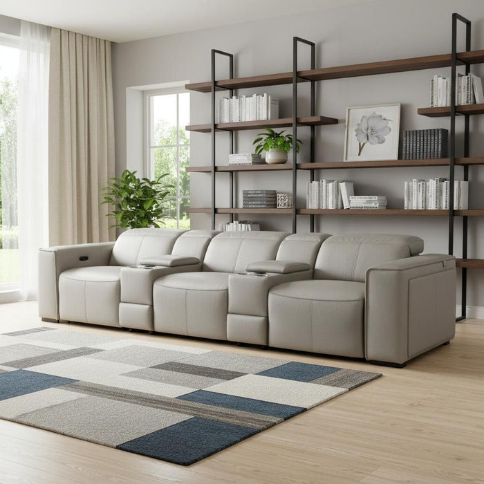Top Grain Leather Reclining Metal USB Sofa (720397) - Light Gray