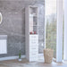White Giga linen cabinet with 3 shelves, 4 drawers, and metal handles, showcasing its spacious interior and modern design.