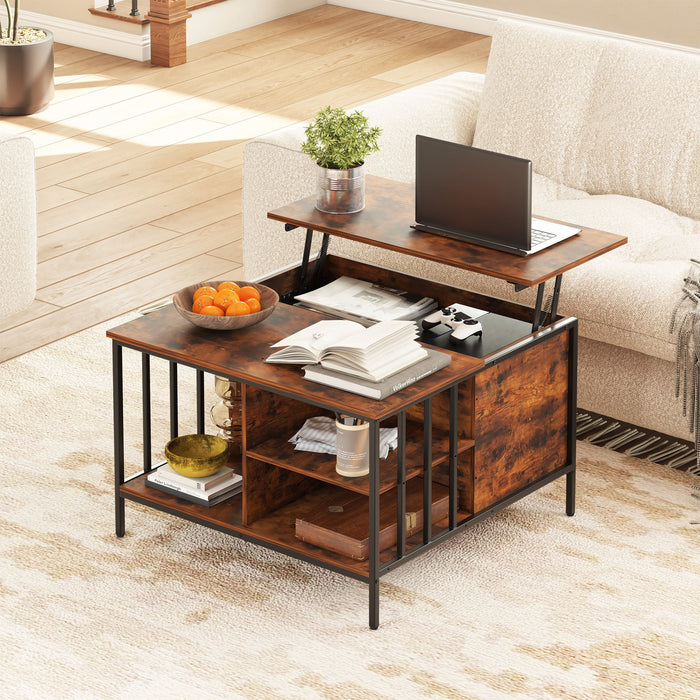 Giga black and brown lift top coffee table with adjustable height and storage compartments in a modern living room setting.