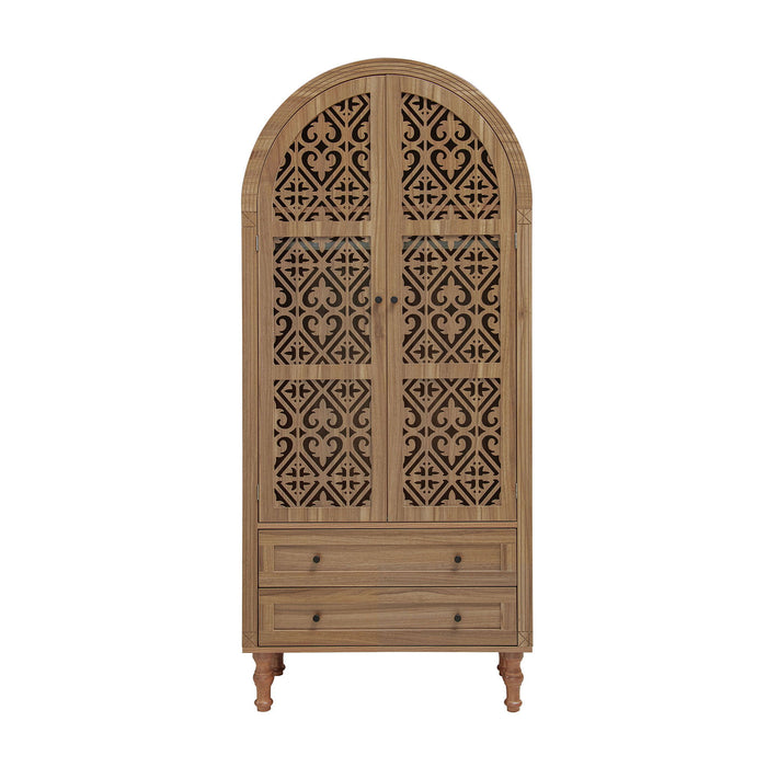 Giga walnut tall kitchen pantry cabinet with hollow carved doors, two drawers, and adjustable shelves for kitchen or dining room storage.