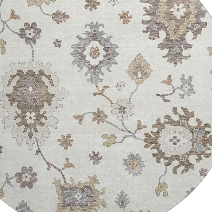 8' Floral Medallion Washable Round Rug With UV Protection - Ivory
