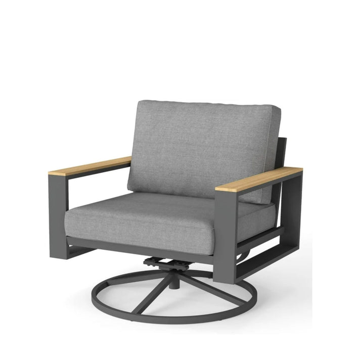 Gray Giga all-weather swivel patio dining chairs with cushions, featuring a modern design and rotating base for outdoor comfort.