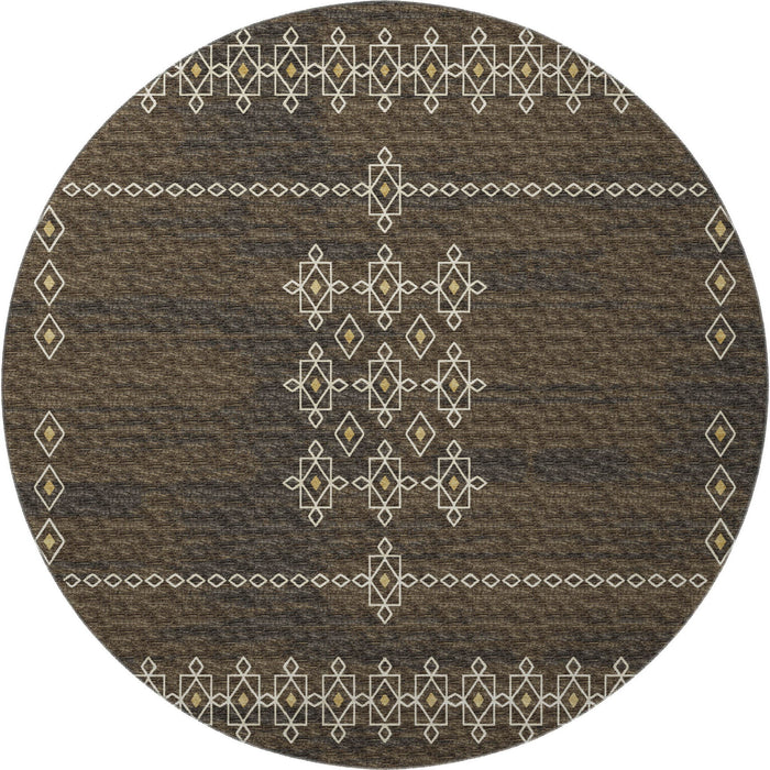8' Tribal Washable Round Rug With UV Protection (644817) - Brown / Ivory / Gold
