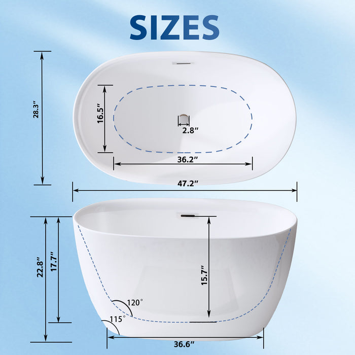 Giga freestanding oval bathtub in gloss white with overflow, pop-up drain, and double-walled design, showcasing smooth curves and modern style.