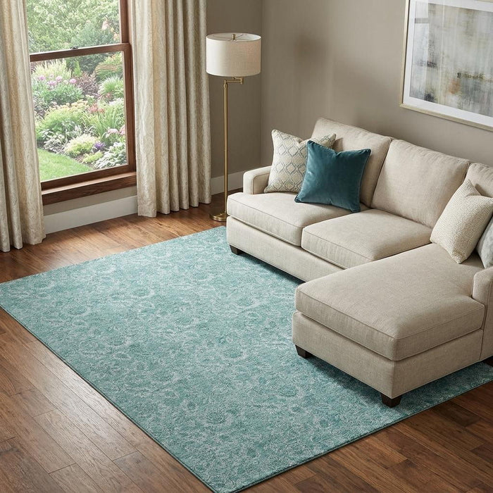 8' X 10' Floral Washable Area Rug With UV Protection (655154) - Teal / Ivory