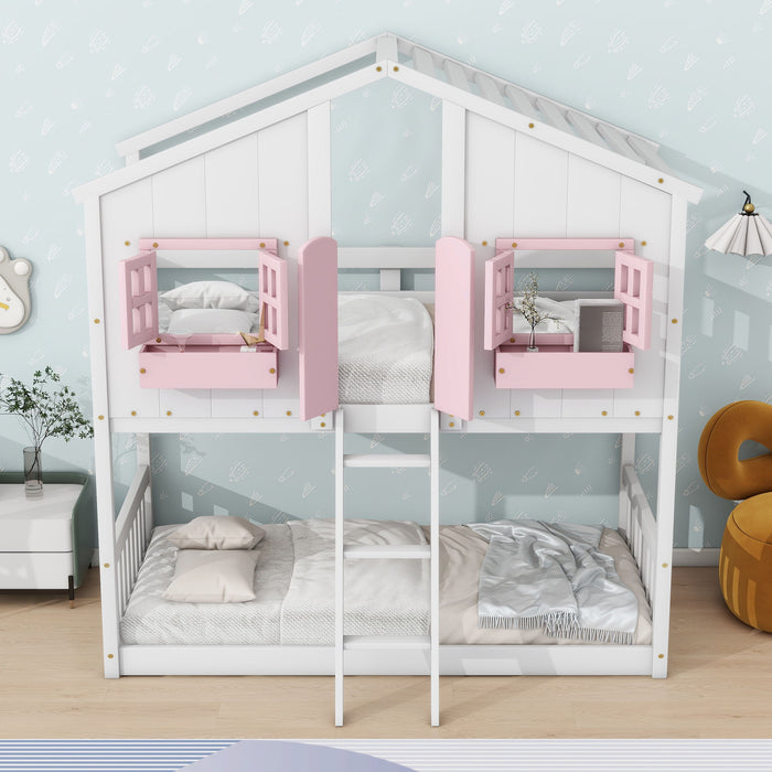 Giga house bunk bed with roof, window, window box, door, safety guardrails, and ladder for children.