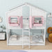 Giga house bunk bed with roof, window, window box, door, safety guardrails, and ladder for children.