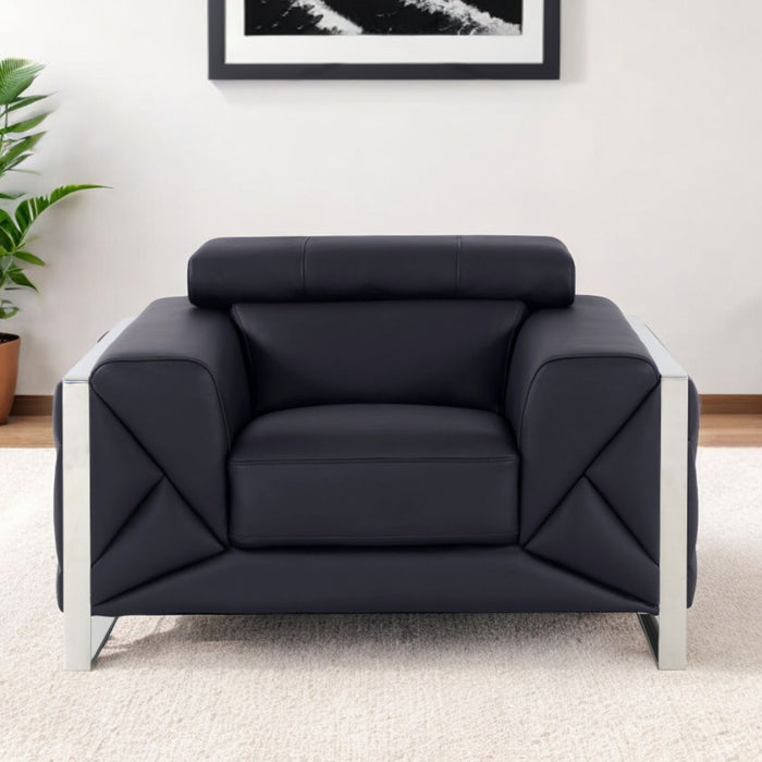 Italian Leather Club Chair - Black And Silver