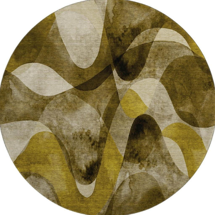 8' Abstract Washable Round Rug With UV Protection (648073) - Coffee / Gold / Ivory