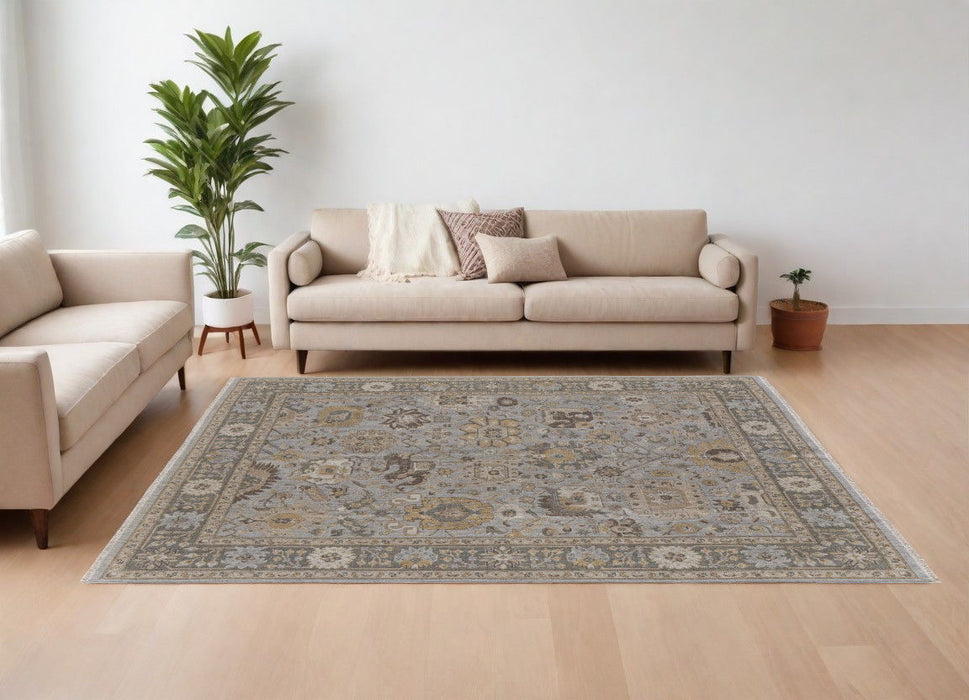 9.5' x 13.5' Wool Oriental Hand Knotted Area Rug With Fringe - Gray And Brown