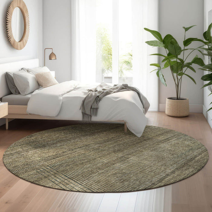 8' Striped Washable Round Rug With UV Protection - Brown