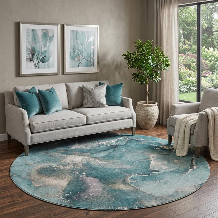 8' Abstract Washable Round Rug With UV Protection (647251) - Teal / Ivory