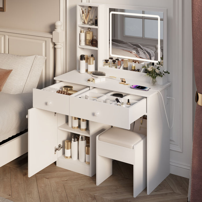 Giga white fashion vanity desk with mirror, adjustable lights, and two drawers, perfect for makeup and beauty routines.