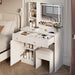 Giga white fashion vanity desk with mirror, adjustable lights, and two drawers, perfect for makeup and beauty routines.