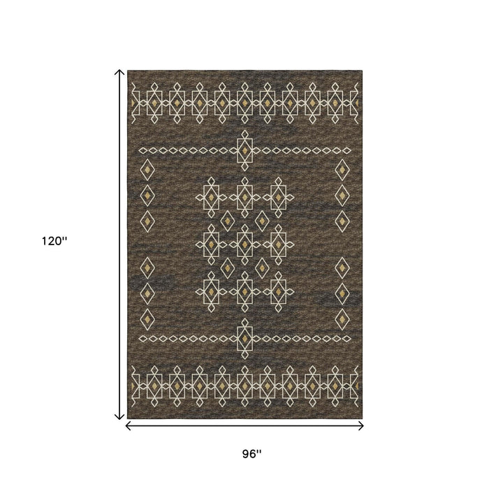 8' X 10' Tribal Washable Area Rug With UV Protection (644818) - Brown / Ivory / Gold