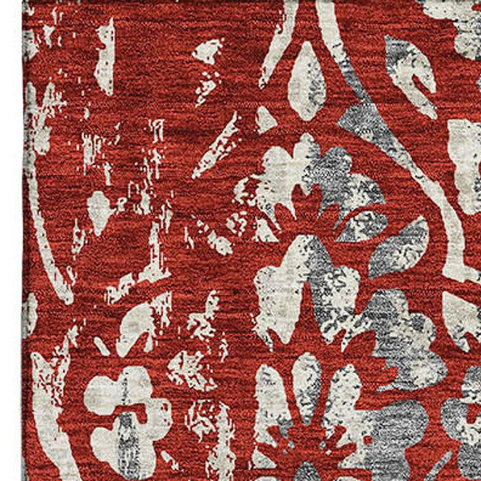 10' X 14' Floral Washable Area Rug With UV Protection (669072) - Red / Gray