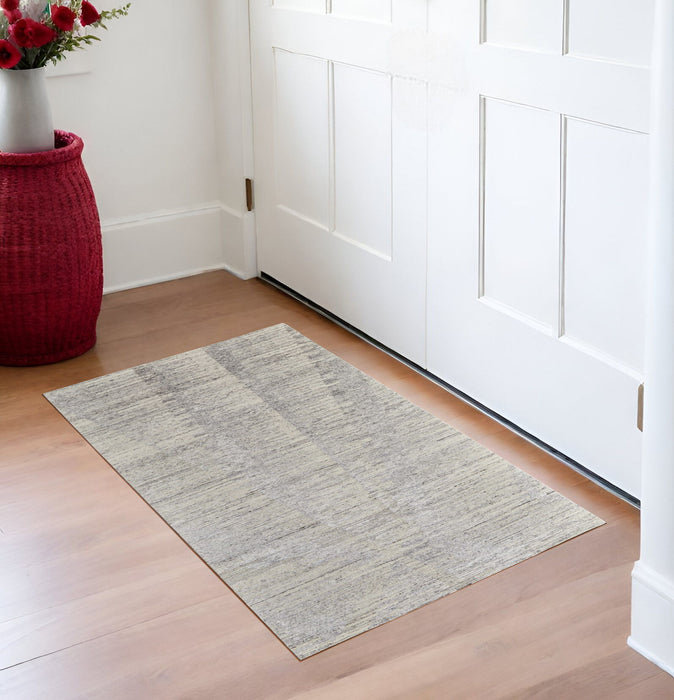 3' x 5' Abstract Hand Knotted Worn Faded Area Rug - Gray And Ivory