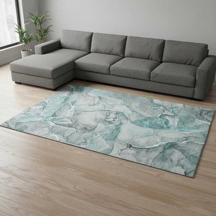 9' X 12' Abstract Washable Area Rug With UV Protection (647283) - Teal / Ivory