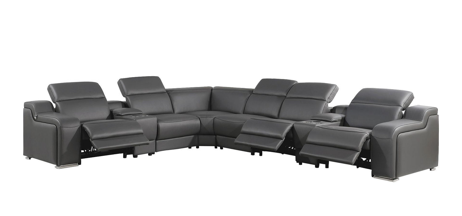 Italian Leather Power Reclining Curved Eight Piece Corner Sectional With Console - Gray