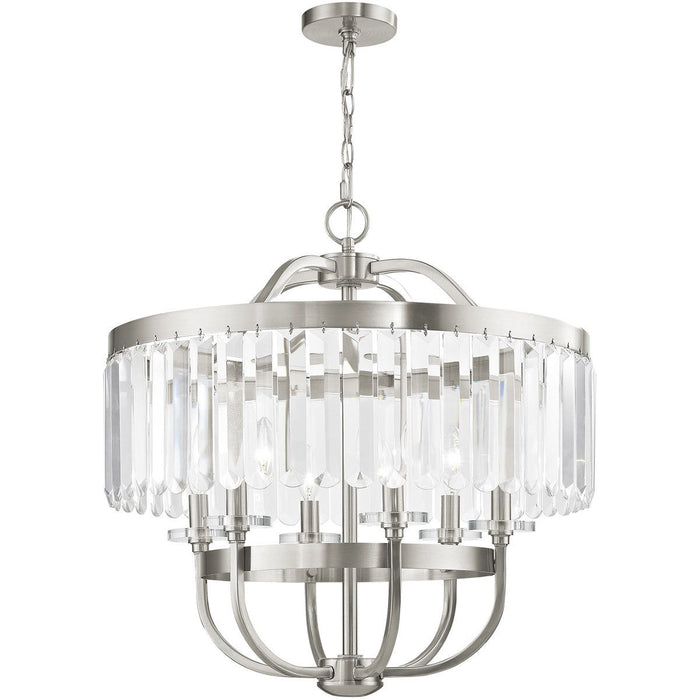 HomeRoots 25-inch six-light metal chandelier with clear shades and dimmable feature in nickel finish, stylish lighting fixture.