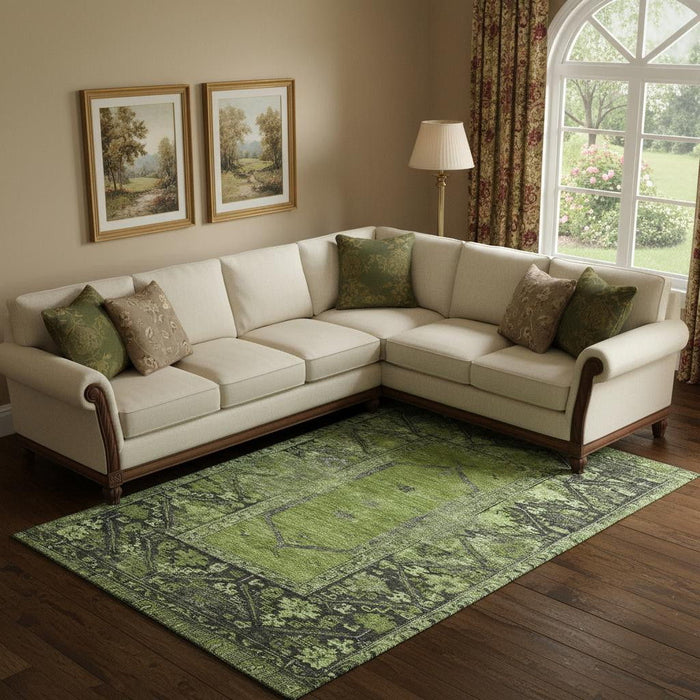 10' X 14' Oriental Washable Area Rug With UV Protection (699328) - Olive Green / Charcoal