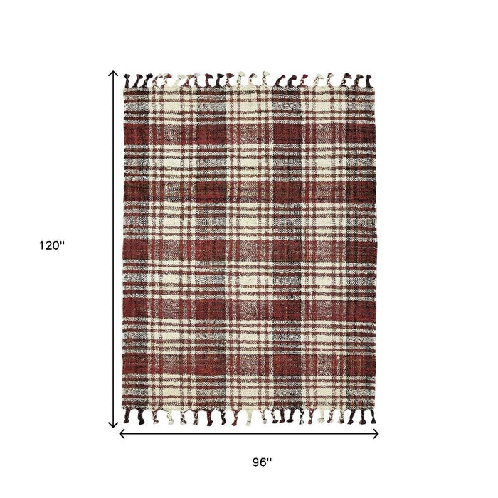 8' X 10' Jute Plaid Hand Woven Area Rug With Fringe (570629) - Brick Red / Black / Ivory