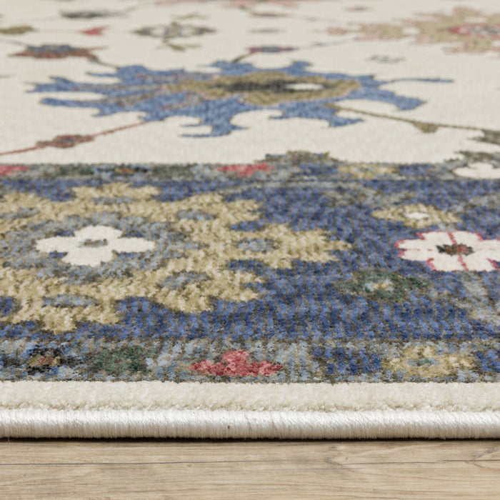 10' X 13' Floral Area Rug With Fringe - Blue / Ivory