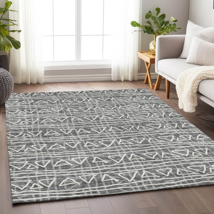 10' X 14' Geometric Washable Area Rug With UV Protection - Charcoal And Ivory