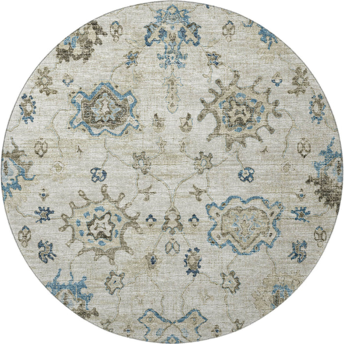 8' Floral Medallion Distressed Washable Round Rug With UV Protection (644607) - Blue / Ivory / Gray