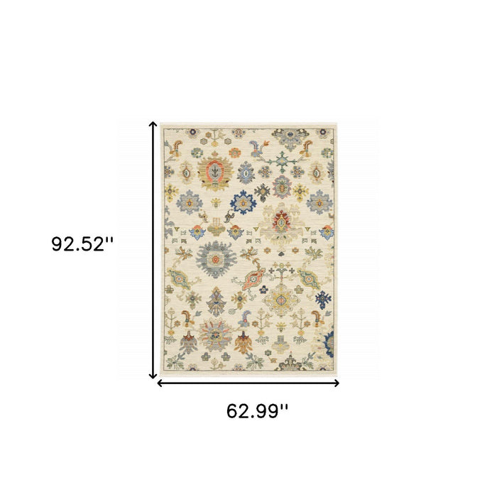 5' x 8' Oriental Power Loom Stain Resistant Area Rug With Fringe - Ivory Beige Gold Gray Blue Pink Red Rust And Green