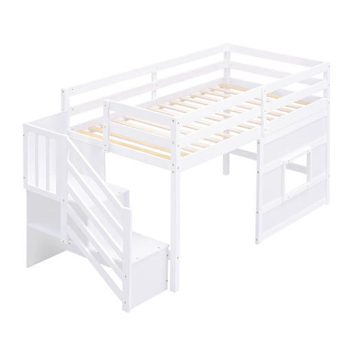 Giga loft bed with storage staircase, window and LED light, featuring a cozy sleeping area and built-in storage options.