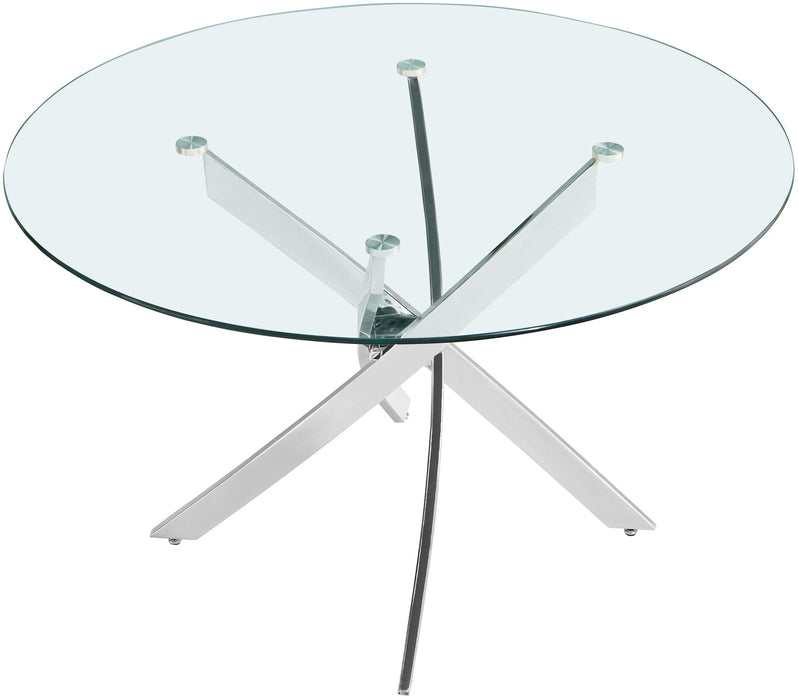 Modern Xander dining table by Meridian Furniture with a sleek wooden surface and sturdy metal legs.