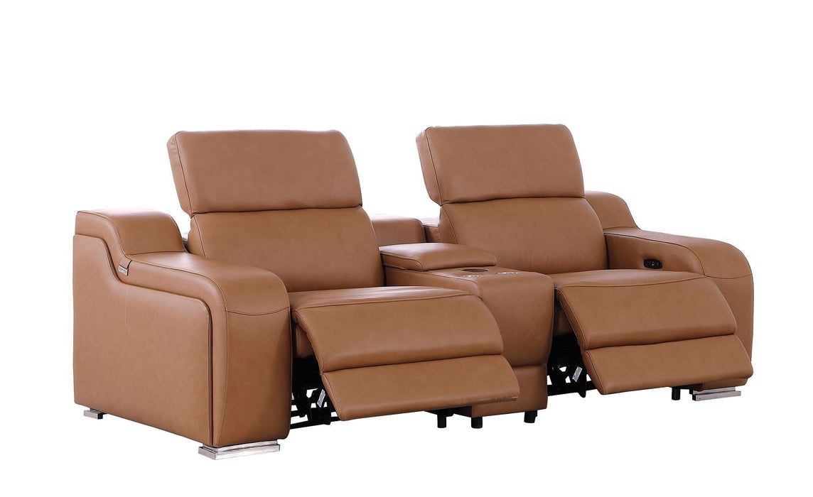 Italian Leather Power Reclining Loveseat With Storage (633759) - Cognac / Silver