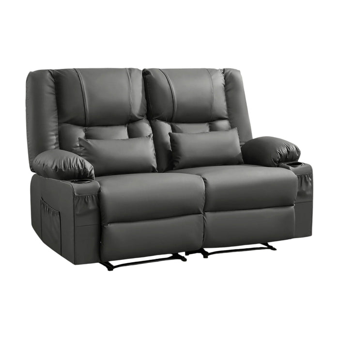 Faux Leather Manual Reclining Loveseat With Storage Toss Pillows - Gray