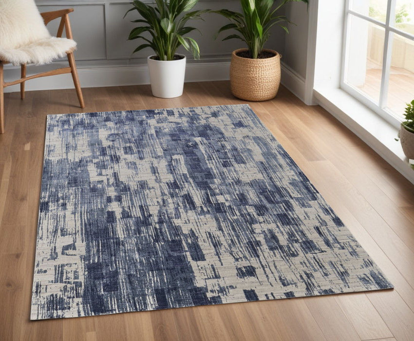 4' x 6' Abstract Hand Woven Worn Faded Area Rug - Blue And Ivory