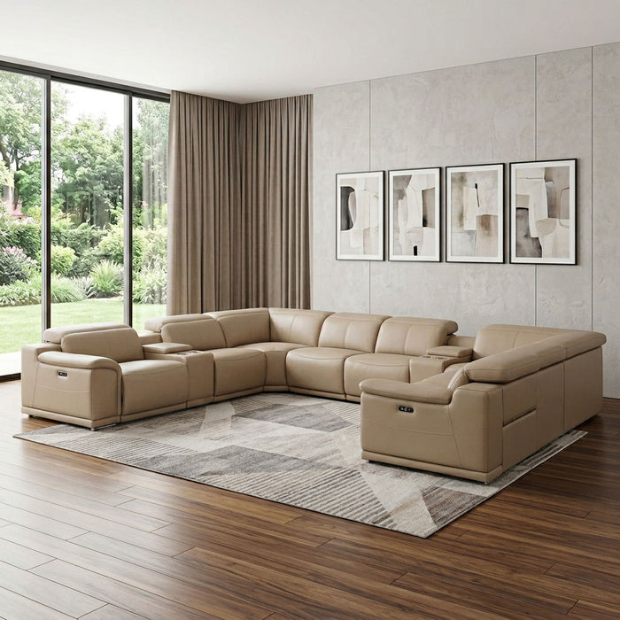 Leather Modular U-Shaped Ten Piece Corner Sectional With Console - Beige