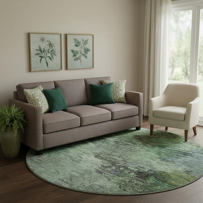 8' Abstract Washable Round Rug With UV Protection (650635) - Green / Brown / Ivory