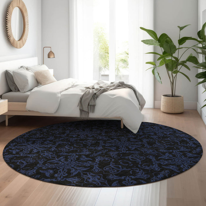 8' Medallion Washable Round Rug With UV Protection - Blue / Charcoal