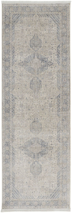 10' Oriental Power Loom Runner Rug With Fringe - Gray Blue And Taupe