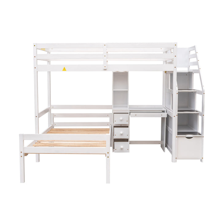 Giga loft bed with standalone bed, storage staircase, desk, shelves, and drawers in a modern bedroom setting.