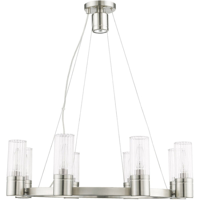 20" Eight Light Metal Dimmable Chandelier With Shades - Nickel / Clear